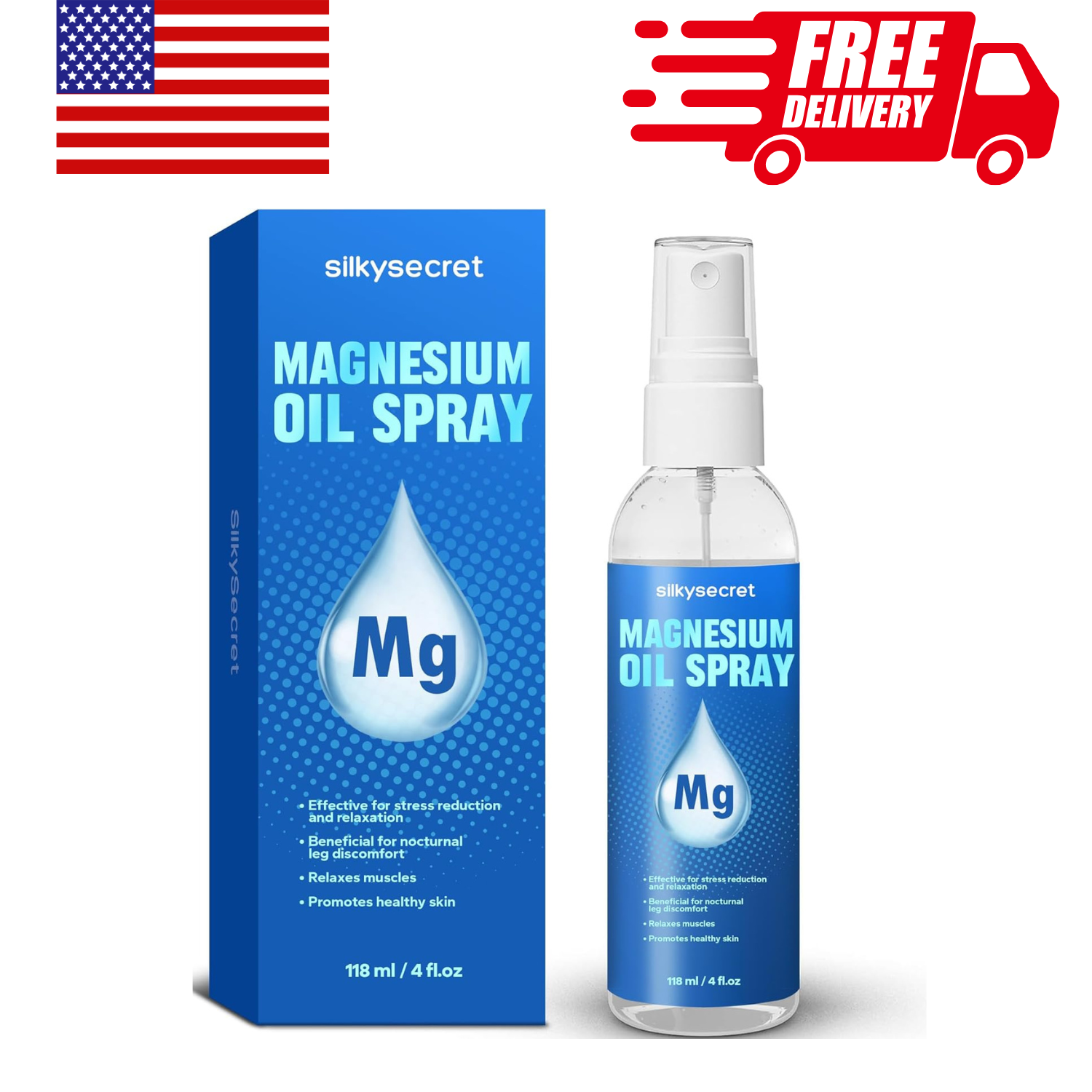 SilkySecret Pure Magnesium Oil Spray 4oz – Natural Magnesium for Feet & Skin