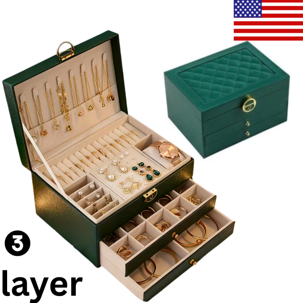 3 Layers Jewelry Box Organizer Large Capacity Ring Earring Necklace Storage Case