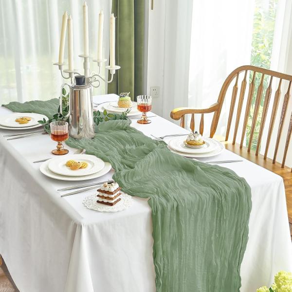 IVAPUPU 2 Pcs Cheesecloth Table Runner - 10ft Sage Green Easter Decor Boho Gauze Cheese Cloth Table Runners for Baby Shower Decorations Wedding Party Spring Garden Farmhouse