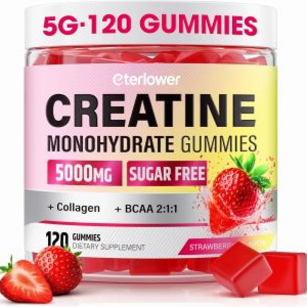 Creatine Monohydrate Gummies, 5g Creatine Gummies for Women & Men.Pre-Workout & Muscle Growth Support, Contains BCAA, Collagen, Sugar-Free, 120 Count