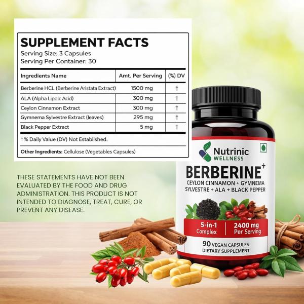 Berberine 1500 mg – with ALA, Ceylon Cinnamon, Gymnema & Black Pepper 900 mg | Blood Sugar & Metabolic Support | 90 Vegan Capsules 30 Day Supply