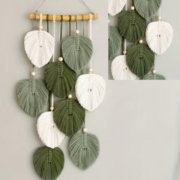 Boho Green Leaf Wall Hanging Tapestry Handwoven Acrylic Wall Art Indoor