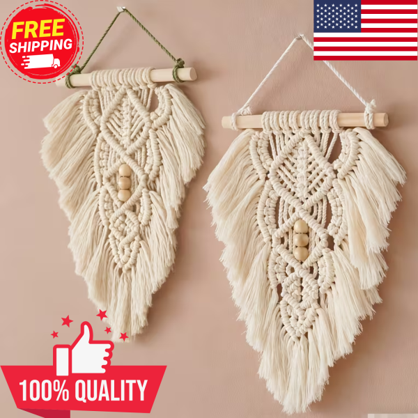 1/2PCS Boho Leaf Wall Hanging Tapestry Handmade Feather Décor Beige Brown